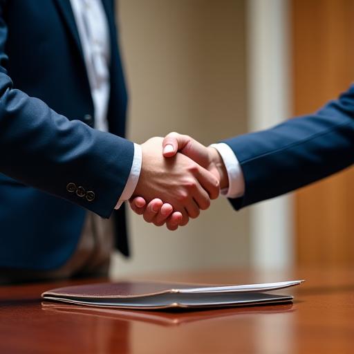 Two professionals shaking hands across a boardroom table in a high-rise office