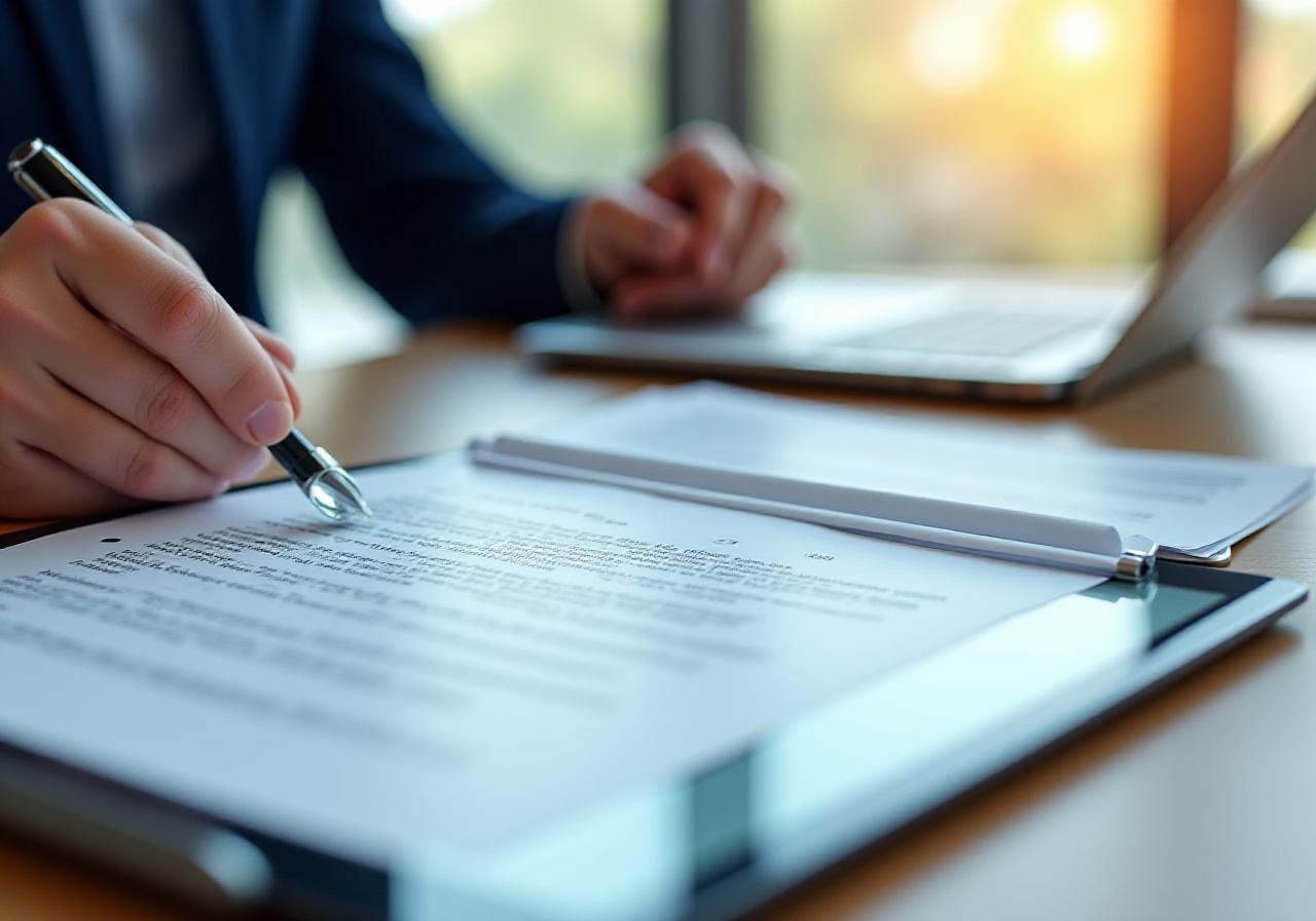 A legal professional reviewing a complex contract with a magnifying glass and digital tablet