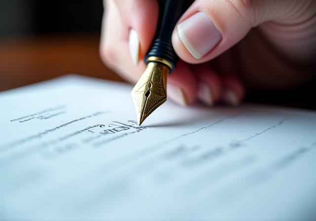 Close up of a professional signing a clean legal document with a fountain pen