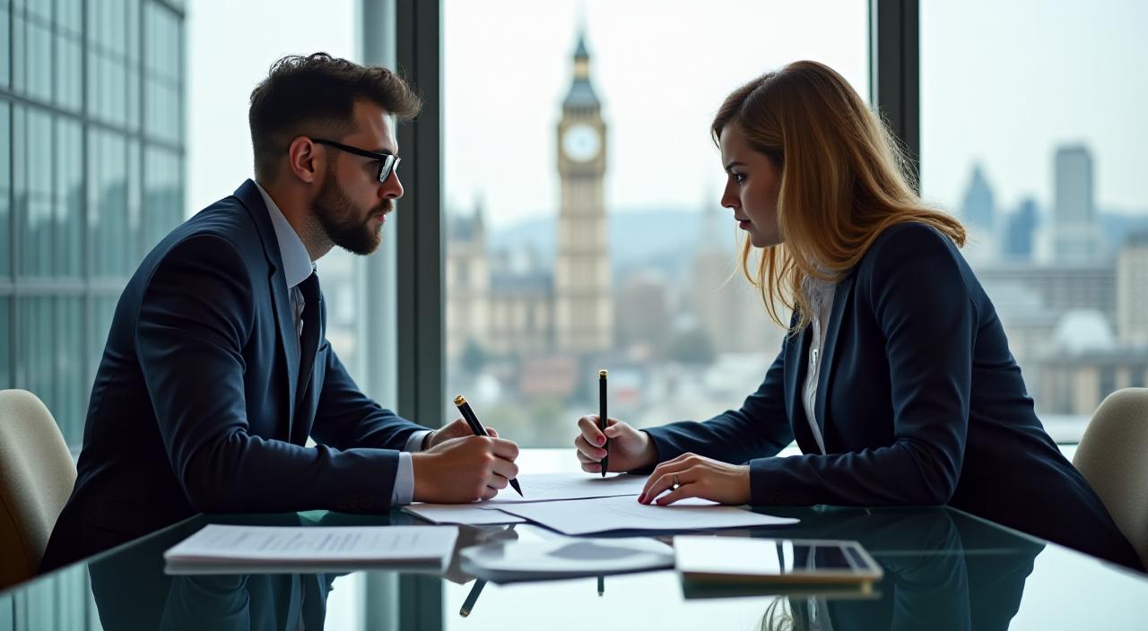 Two professionals in a modern office engaging in a collaborative legal negotiation